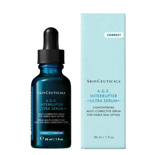 A.G.E Interrupter ultra serum, serum multi-correcteur pour ujne peau visiblement liftée par SkinCeuticals et son emballage.