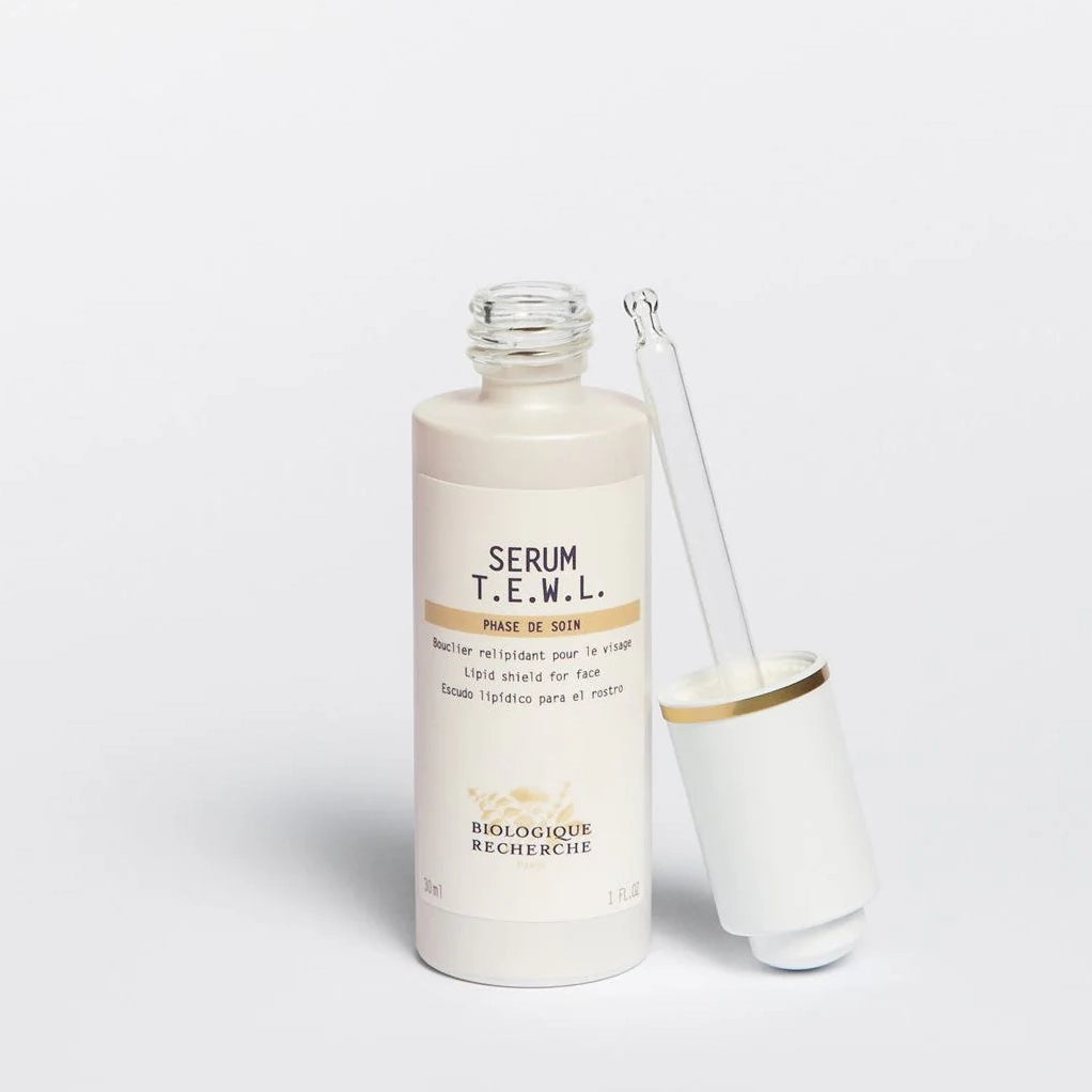 Bouteille et pipette de Serum T.E.W.L, bouclier relipidant pour le visage par Biologique Recherche 30 ml.