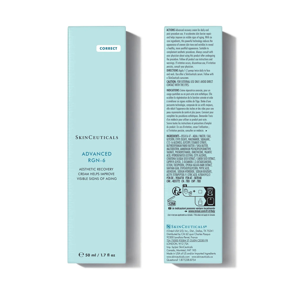 Emballage Advanced RGN-6, crème réparatrice esthétique, améliore les signes visibles de l'âge par SkinCeuticals. 